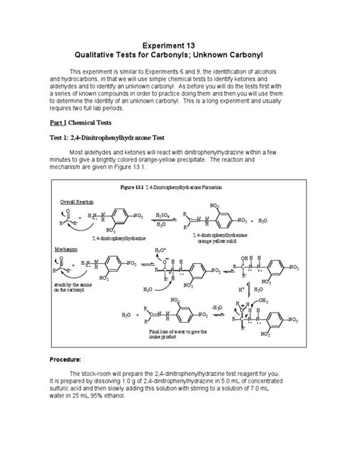 Experiment 13 Qualitative Tests for Carbonyls; Unknown Carbonyl.